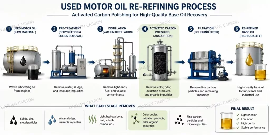 Activated carbon polishing stage in the used motor oil re-refining process for base oil recovery
